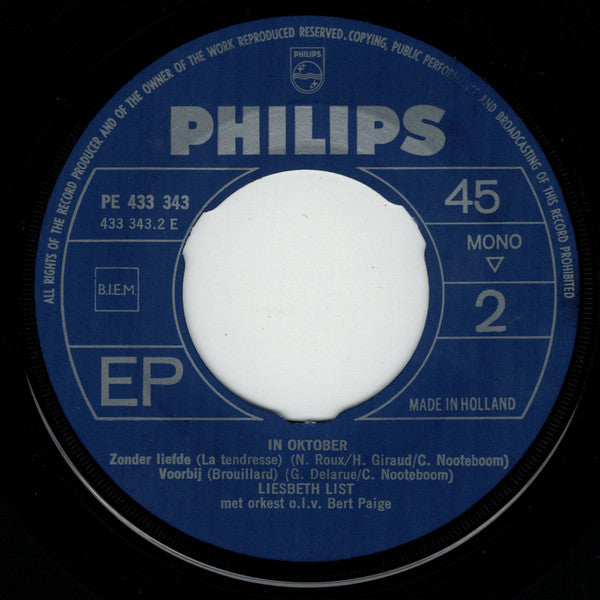 Liesbeth List : In Oktober / De Kinderen Van De Zee / Zonder Liefde / Voorbij (7", EP, Mono)