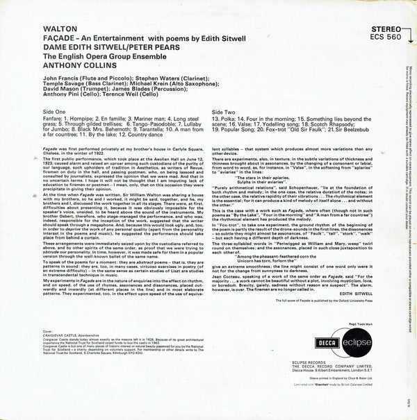 Sir William Walton, Edith Sitwell / Peter Pears, The English Opera Group / Anthony Collins (2) : Façade - An Entertainment (LP, RE, RM)