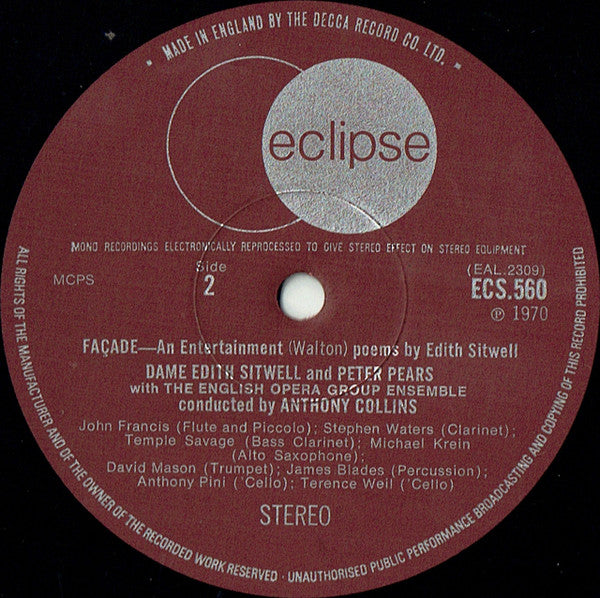 Sir William Walton, Edith Sitwell / Peter Pears, The English Opera Group / Anthony Collins (2) : Façade - An Entertainment (LP, RE, RM)