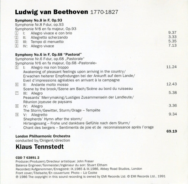 Ludwig van Beethoven, London Philharmonic Orchestra, Klaus Tennstedt : Symphonien 6 "Pastorale" & 8 (CD, Album)