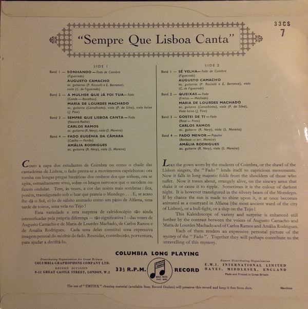 Augusto Camacho, Maria De Lourdes Machado, Carlos Ramos, Amália Rodrigues : Sempre Que Lisboa Canta (10", Comp)