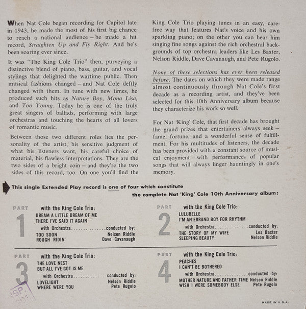 Nat King Cole : 10th Anniversary Part 1 (7", EP)