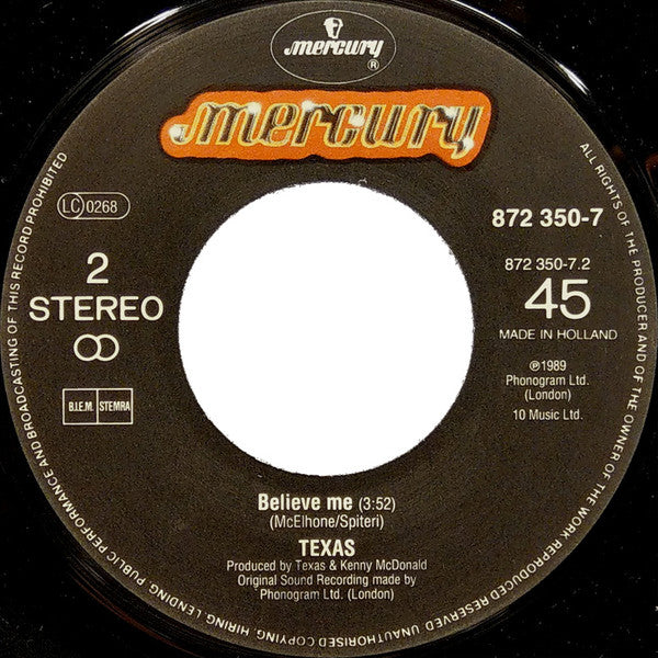 Texas : I Don't Want A Lover (7", Single)