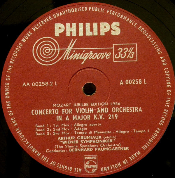 Wolfgang Amadeus Mozart, Arthur Grumiaux, Bernhard Paumgartner, Wiener Symphoniker : Concertos For Violin & Orchestra N°2, K. 211 & N°5, K. 219 (LP, Mono, Min)