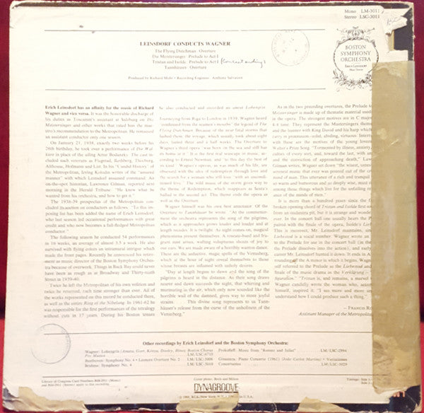 Boston Symphony Orchestra / Erich Leinsdorf, Richard Wagner : Leinsdorf Conducts Wagner (LP)