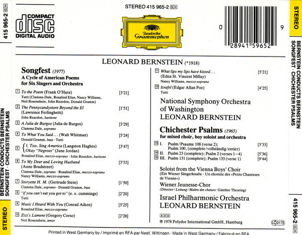 Leonard Bernstein, National Symphony Orchestra, Wiener Jeunesse-Chor, Israel Philharmonic Orchestra : Bernstein Conducts Bernstein: Songfest / Chichester Psalms (CD, Album)