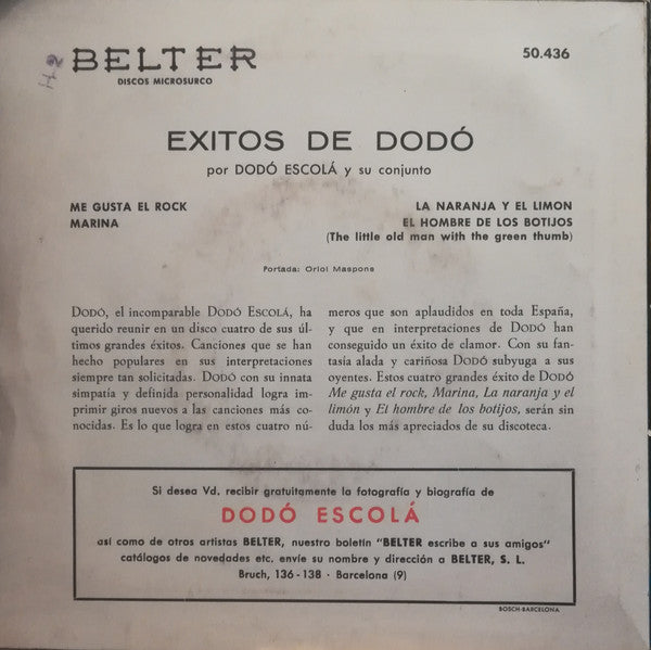Dodó Escolá Y Su Conjunto : Exitos De Dodó (7", EP)