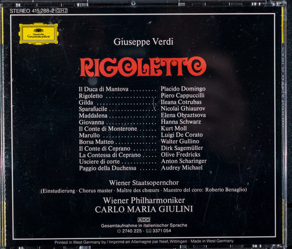 Giuseppe Verdi  -  Piero Cappuccilli · Ileana Cotrubas · Placido Domingo · Elena Obraztsova · Nicolai Ghiaurov · Kurt Moll · Hanna Schwarz · Wiener Staatsopernchor · Wiener Philharmoniker · Carlo Maria Giulini : Rigoletto (2xCD, Album, RE, RM + Box, Sli)