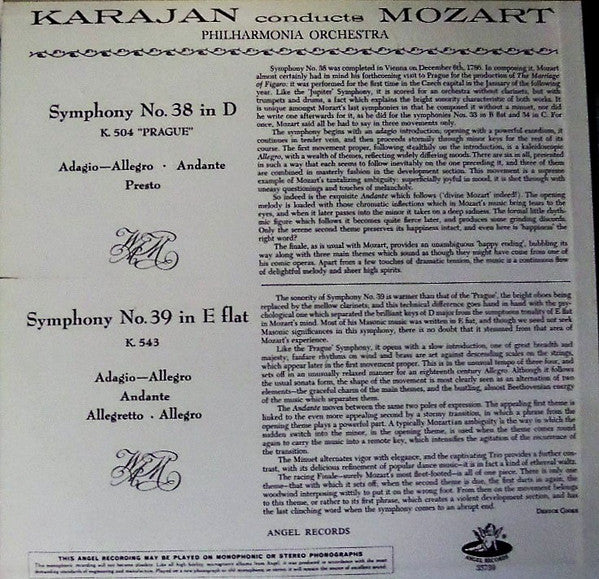 Wolfgang Amadeus Mozart - Herbert von Karajan, Philharmonia Orchestra : Symphonies No.38 In D "Prague" • No.39 In E Flat (LP, Album, Mono)