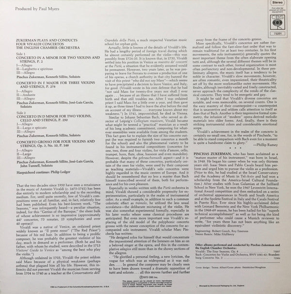 Pinchas Zukerman : Zukerman Plays And Conducts Four Vivaldi Concertos (LP)