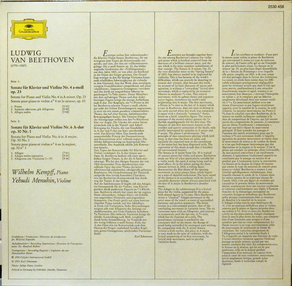 Ludwig Van Beethoven, Wilhelm Kempff • Yehudi Menuhin : Violinsonate - Violin Sonatas: Nr. 4 A-moll (n A Minor) Op. 23 / Nr. 6 A-dur (In A Major) Op.30 Nr. 1 (LP)