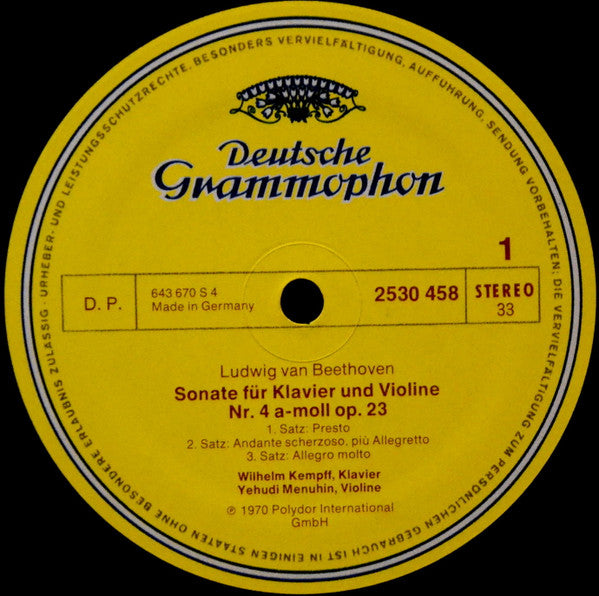 Ludwig Van Beethoven, Wilhelm Kempff • Yehudi Menuhin : Violinsonate - Violin Sonatas: Nr. 4 A-moll (n A Minor) Op. 23 / Nr. 6 A-dur (In A Major) Op.30 Nr. 1 (LP)