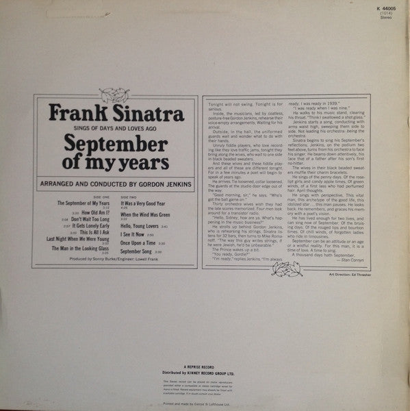 Frank Sinatra : September Of My Years (LP, Album, RE)