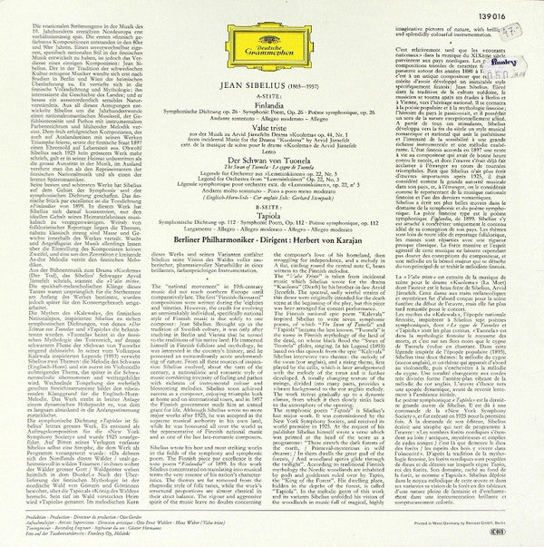 Jean Sibelius / Berliner Philharmoniker, Herbert von Karajan : Finlandia • Valse Triste • Der Schwan Von Tuonela • Tapiola (LP, RE)