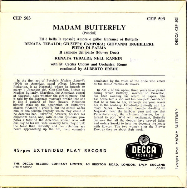 Giacomo Puccini / Renata Tebaldi : Nell Rankin : Giuseppe Campora : Giovanni Inghilleri : Madam Butterfly (7", EP, Mono)