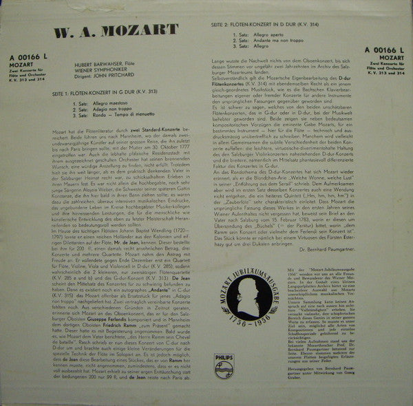 Wolfgang Amadeus Mozart, Hubert Barwahser, Wiener Symphoniker, John Pritchard : Zwei Konzerte Für Flöte Und Orchester G Dur K.V. 313 •  D Dur K.V. 314 (LP, Mono, RE)