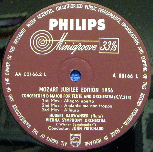 Wolfgang Amadeus Mozart, Hubert Barwahser, Wiener Symphoniker, John Pritchard : Zwei Konzerte Für Flöte Und Orchester G Dur K.V. 313 •  D Dur K.V. 314 (LP, Mono, RE)