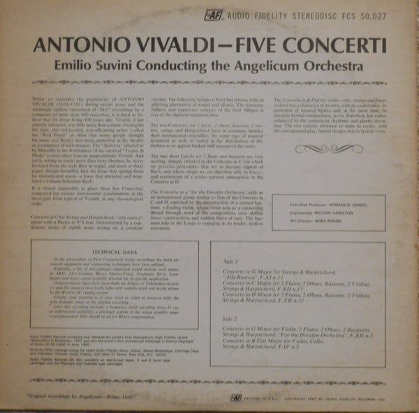 Antonio Vivaldi, Orchestra Dell'Angelicum Di Milano Conducted By Emilio Suvini : Five Concerti (LP, Album)