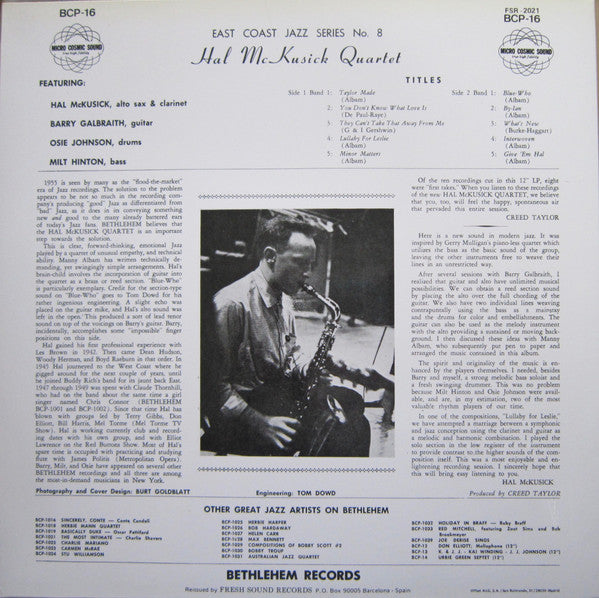 Hal McKusick Quartet : East Coast Jazz Series No. 8 (LP, Album, RE)