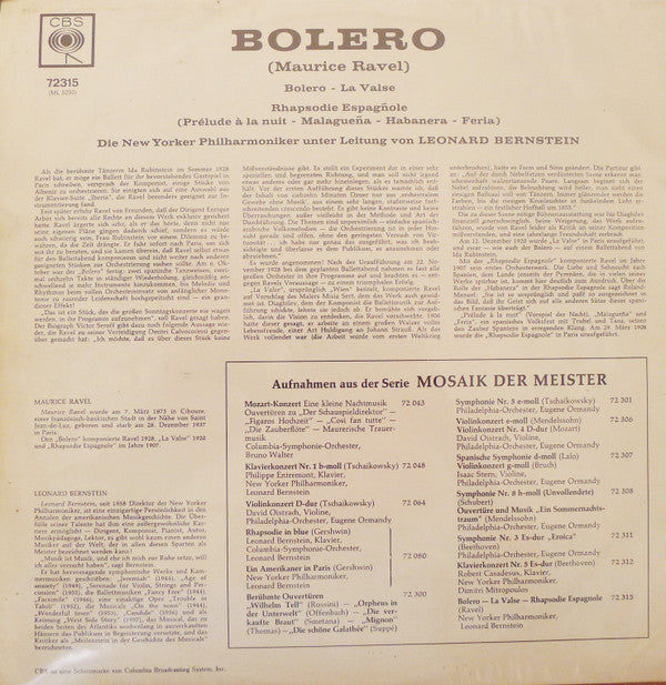 Maurice Ravel, Leonard Bernstein, New York Philharmonic : Bolero • La Valse • Rhapsodie Espagnole (LP)