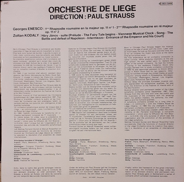 George Enescu / Zoltán Kodály / Orchestre De Liège, Paul Strauss : Paul Strauss Conducting Works By Georges Enesco & Zoltán Kodály (LP)