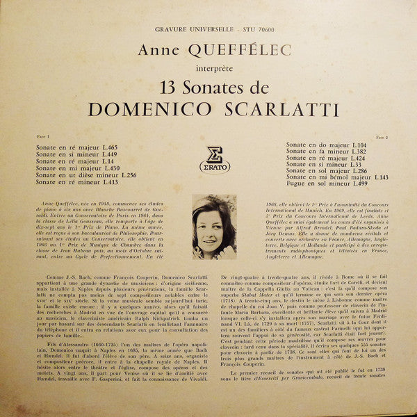 Anne Queffélec Interprète Domenico Scarlatti : Treize Sonates (LP, Album, Gat)
