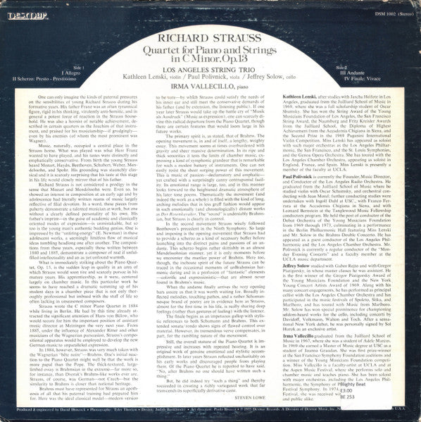 Richard Strauss - Los Angeles String Trio, Irma Vallecillo : Quartet For Piano And Strings In C Minor, Op. 13 (LP)
