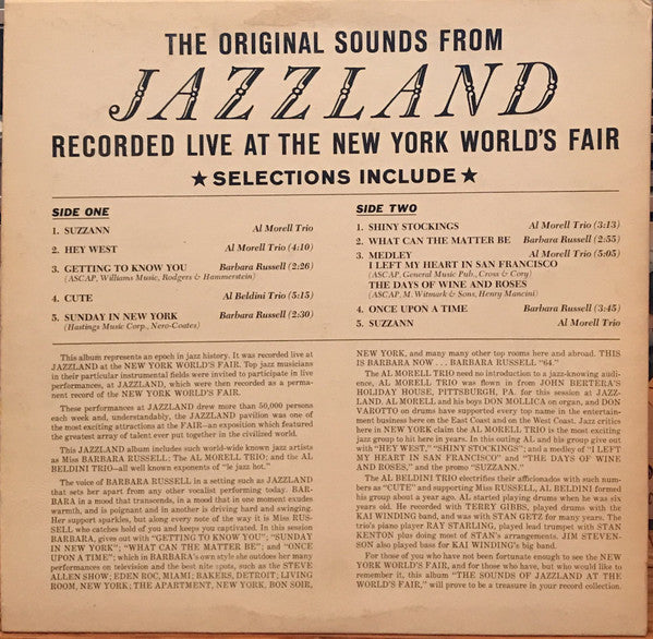 Al Morell Trio, Barbara Russell, Al Beldini Trio : The Sounds From Jazzland At The New York World's Fair (LP, Comp, Mono)