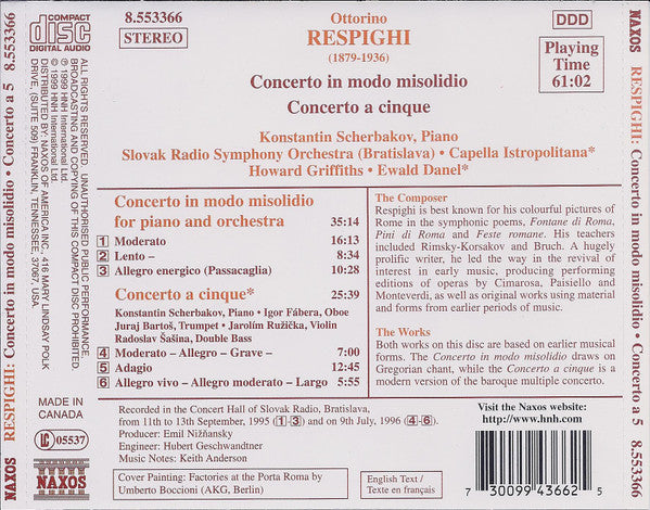 Ottorino Respighi, Konstantin Scherbakov, Slovak Radio Symphony Orchestra, Capella Istropolitana, Howard Griffiths, Ewald Danel : Concerto In Modo Misolidio • Concerto A Cinque (CD)