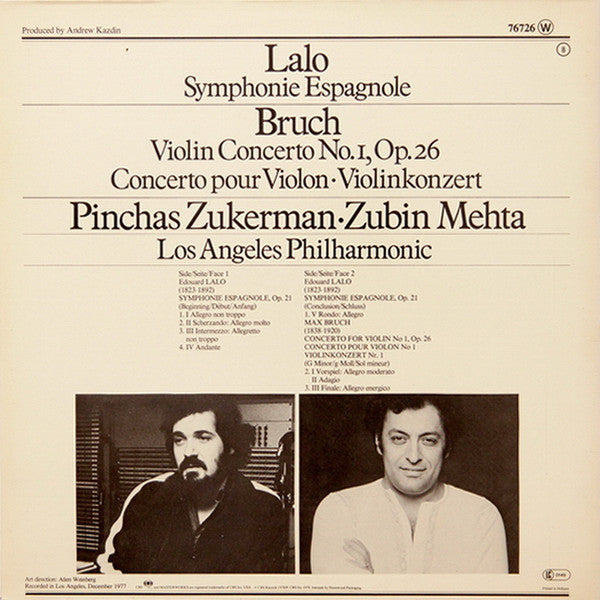 Pinchas Zukerman ∙ Zubin Mehta, Max Bruch / Édouard Lalo, Los Angeles Philharmonic Orchestra : Violin Concerto No. 1 / Symphonie Espagnole (LP, Album, Gat)