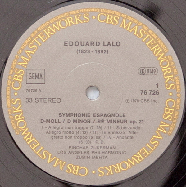 Pinchas Zukerman ∙ Zubin Mehta, Max Bruch / Édouard Lalo, Los Angeles Philharmonic Orchestra : Violin Concerto No. 1 / Symphonie Espagnole (LP, Album, Gat)