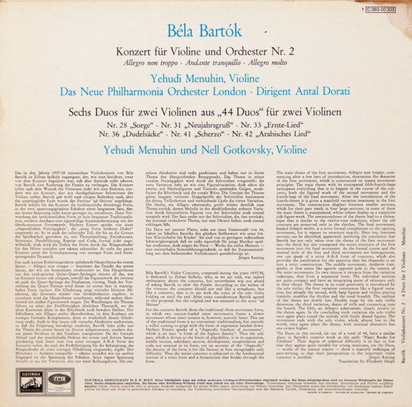 Béla Bartók, Yehudi Menuhin, New Philharmonia Orchestra, Antal Dorati : Konzert Für Violine Und Orchester Nr. 2 / 6 Duos Für 2 Violinen (LP, Album)