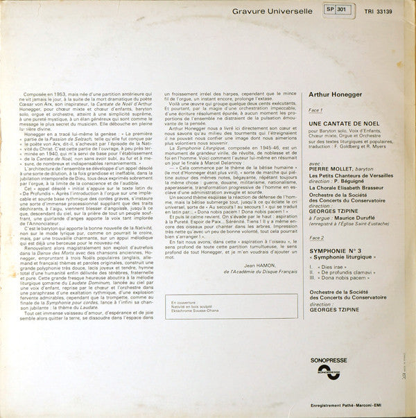 Arthur Honegger, Pierre Mollet, Maurice Duruflé, Les Petits Chanteurs De Versailles, Choeurs Elisabeth Brasseur, Orchestre De La Société Des Concerts Du Conservatoire, Georges Tzipine : Une Cantate De Noël - Symphonie Liturgique (LP)