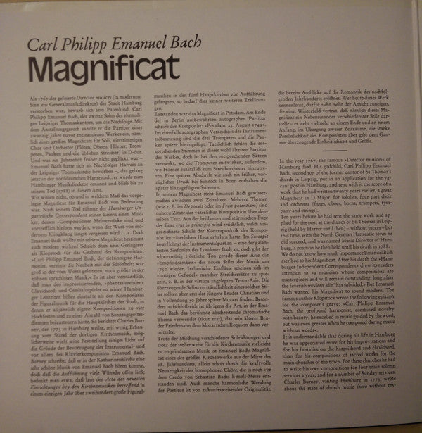 Carl Philipp Emanuel Bach / Tölzer Knabenchor, Collegium Aureum, Elly Ameling, Maureen Lehane, Theo Altmeyer, Roland Hermann : Magnificat (LP, Gat)