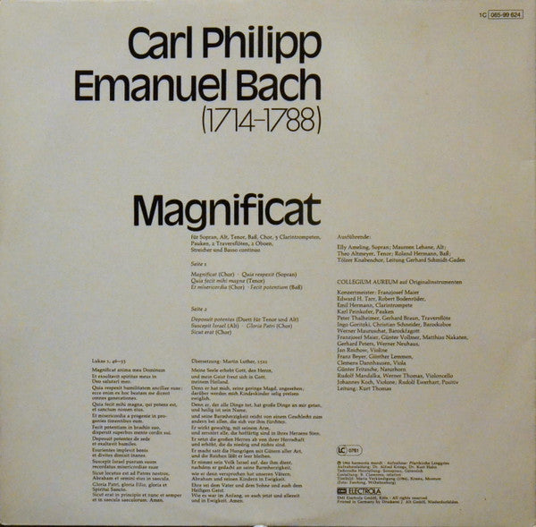 Carl Philipp Emanuel Bach / Tölzer Knabenchor, Collegium Aureum, Elly Ameling, Maureen Lehane, Theo Altmeyer, Roland Hermann : Magnificat (LP, Gat)
