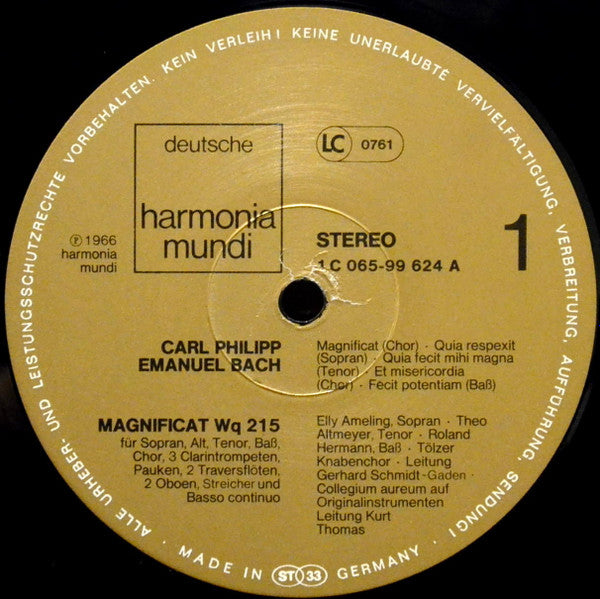 Carl Philipp Emanuel Bach / Tölzer Knabenchor, Collegium Aureum, Elly Ameling, Maureen Lehane, Theo Altmeyer, Roland Hermann : Magnificat (LP, Gat)