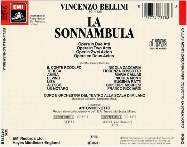 Bellini* - Callas*, Monti*, Zaccaria*, Ratti*, Cossotto*, Orchestra* E Orchestra Del Teatro Alla Scala, Votto* : La Sonnambula (2xCD, Album, Mono, RE, RM, Sli)