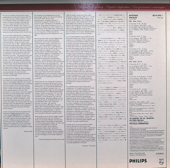 Antonio Vivaldi, The Academy Of St. Martin-in-the-Fields, Sir Neville Marriner : 6 Double Concertos / 6 Doppelkonzerte (LP, Album)