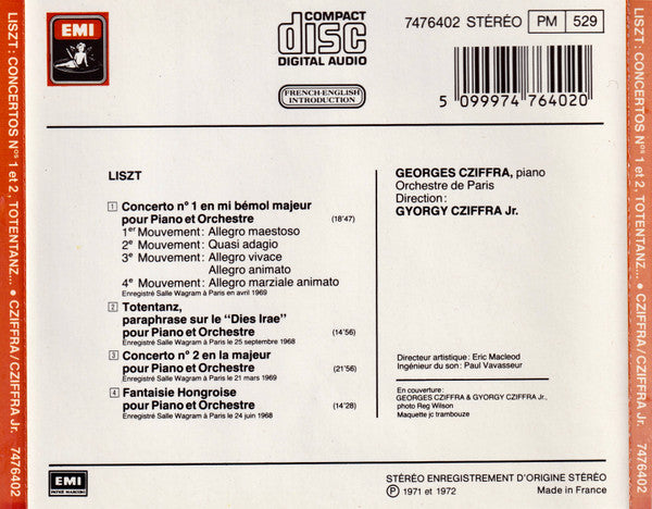 Franz Liszt - Gyorgy Cziffra, György Cziffra, Jr., Orchestre De Paris : Concertos Nos 1&2 / Totentanz / Fantaisie Hongroise (CD, Comp)