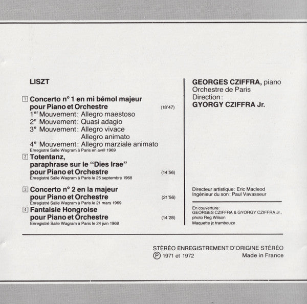 Franz Liszt - Gyorgy Cziffra, György Cziffra, Jr., Orchestre De Paris : Concertos Nos 1&2 / Totentanz / Fantaisie Hongroise (CD, Comp)