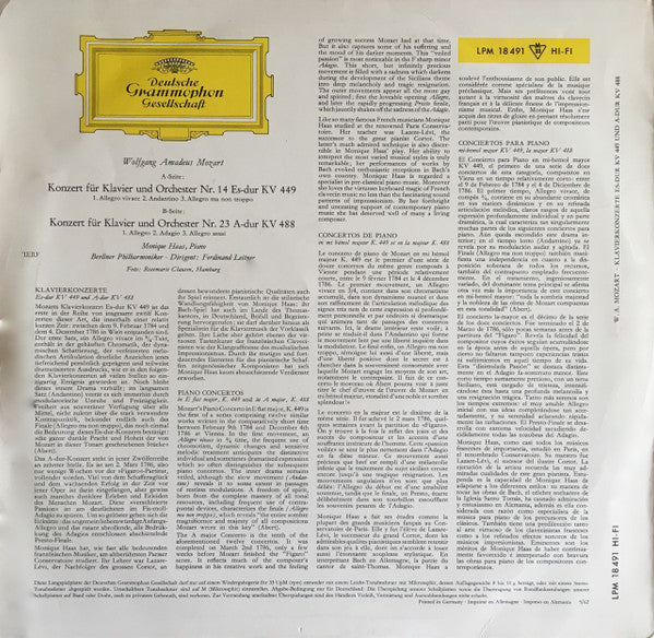 Wolfgang Amadeus Mozart, Monique Haas : Klavierkonzerte Nr. 14 Es-Dur KV 449 Und Nr. 23 A-dur KV 488 (LP, Mono)