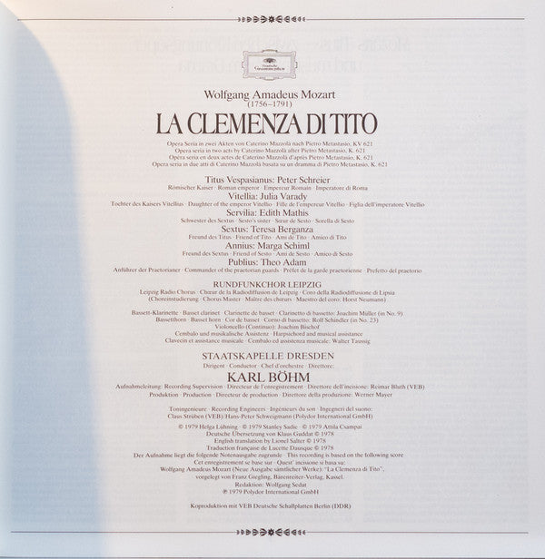 Wolfgang Amadeus Mozart • Karl Böhm, Teresa Berganza • Edith Mathis • Iulia Várady, Marga Schiml • Peter Schreier • Theo Adam, Rundfunkchor Leipzig • Staatskapelle Dresden : La Clemenza Di Tito (3xLP + Box)