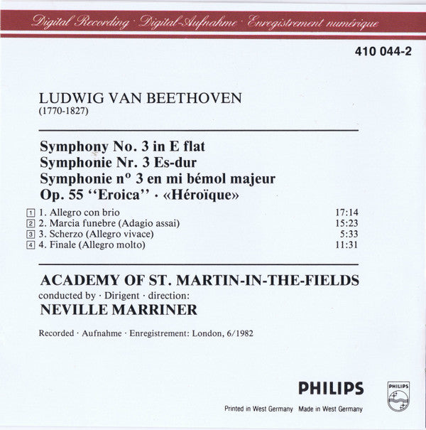 Ludwig van Beethoven - The Academy Of St. Martin-in-the-Fields, Sir Neville Marriner : Symphonie Nr.3 «Eroica» (CD, Album, RE)