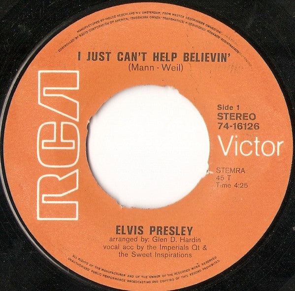 Elvis* : I Just Can't Help Believin' (7", Single)