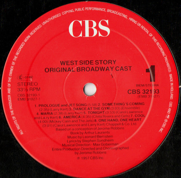 Leonard Bernstein, Jerome Robbins, Carol Lawrence, Larry Kert, Chita Rivera : West Side Story (Original Broadway Cast) (LP, Album, RE)