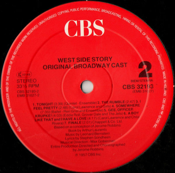 Leonard Bernstein, Jerome Robbins, Carol Lawrence, Larry Kert, Chita Rivera : West Side Story (Original Broadway Cast) (LP, Album, RE)