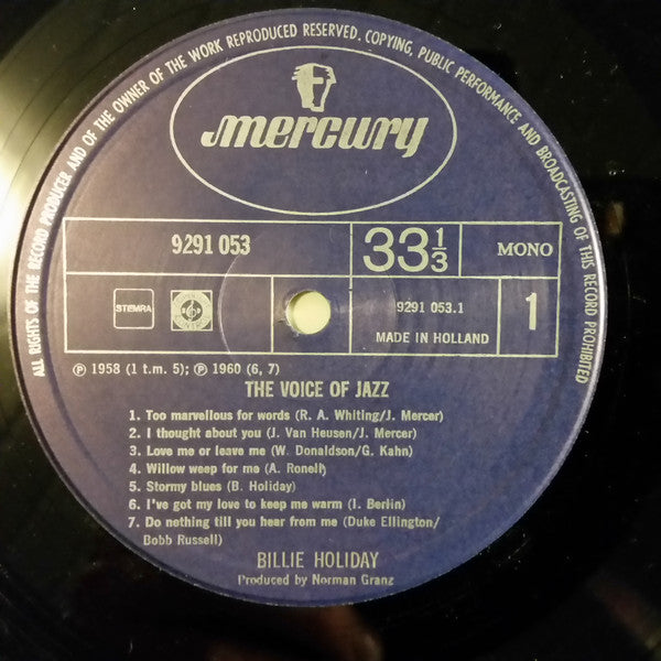 Billie Holiday : The Voice Of Jazz (LP, Comp, Mono)