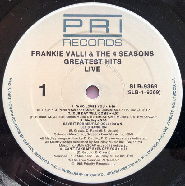 Frankie Valli & The Four Seasons : Greatest Hits Live (2xLP, Comp, RE)