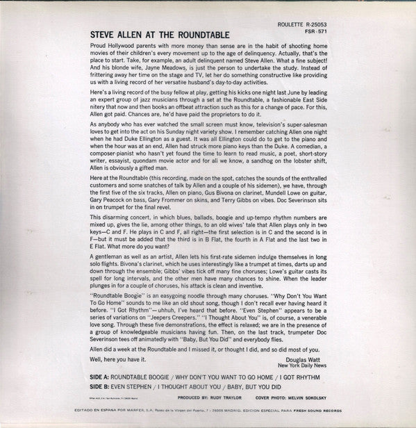Steve Allen (3) : Steve Allen At The Roundtable (LP, Album, RE)