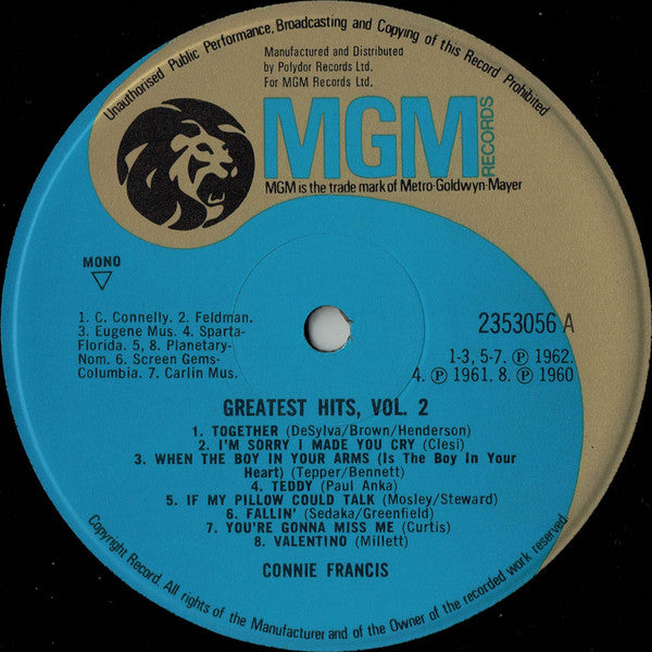 Connie Francis : Greatest Hits Vol. 2 (LP, Comp, Mono)